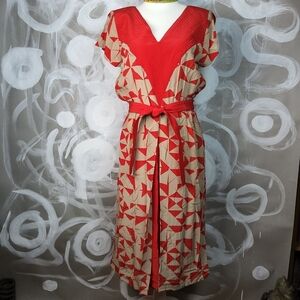 VTG OLEG CASSINI Wmns Sz 6 100% Silk Red Tan Geometric Print Midi Belted Dress